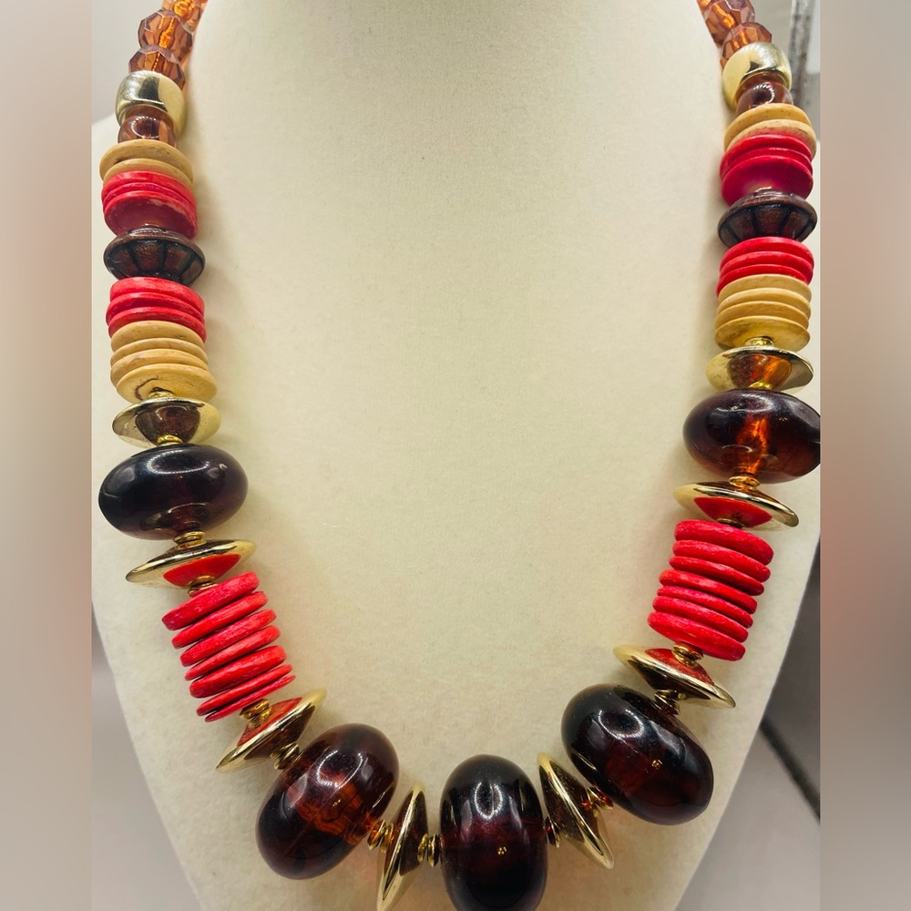 Disc beaded red, brown, and gold necklace. Boho and hippie. 20 inches.
